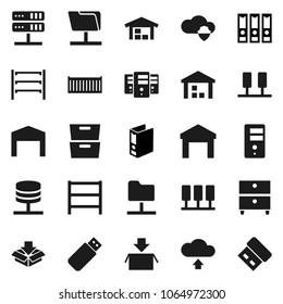 Flat vector icon set - archive vector, binder, sea container, warehouse, shelving, server, network folder, cloud shield, upload, barn, package, usb
