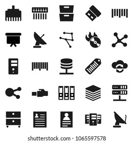 Flat vector icon set - archive vector, personal information, binder, presentation board, barcode, music hit, social media, network, server, cloud exchange, big data, hub, lan connector, usb