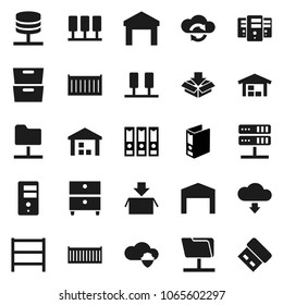 Flat vector icon set - archive vector, binder, sea container, warehouse, shelving, server, network folder, cloud shield, exchange, download, barn, package, usb