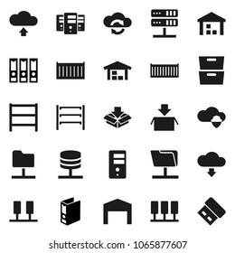 Flat vector icon set - archive vector, binder, sea container, warehouse, shelving, server, network folder, cloud shield, exchange, upload, download, barn, package, usb