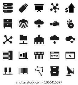 Flat vector icon set - archive vector, graph, dollar growth, presentation board, music hit, social media, network, server, folder, cloud shield, big data, browser, hub, lan connector, upload, usb