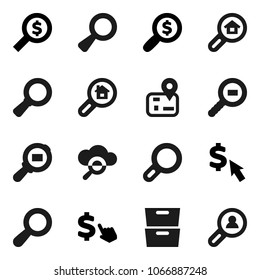 Flat vector icon set - archive vector, magnifier, money search, dollar cursor, navigator, cargo, cloud glass, estate, client