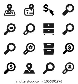 Flat vector icon set - archive vector, magnifier, money search, dollar cursor, navigator, map pin, cargo, estate, client