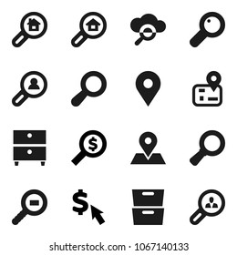 Flat vector icon set - archive vector, magnifier, money search, dollar cursor, navigator, map pin, cargo, cloud glass, estate, client