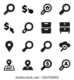 Flat vector icon set - archive vector, magnifier, money search, dollar cursor, navigator, map pin, cloud glass, estate, client