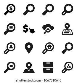 Flat vector icon set - archive vector, magnifier, money search, dollar cursor, navigator, map pin, cargo, cloud glass, estate, client