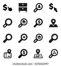Flat vector icon set - archive vector, magnifier, money search, dollar cursor, navigator, map pin, cargo, estate, client
