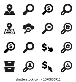 Flat vector icon set - archive vector, magnifier, money search, dollar cursor, navigator, map pin, cargo, cloud glass, estate, client