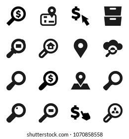 Flat vector icon set - archive vector, magnifier, money search, dollar cursor, navigator, map pin, cargo, cloud glass, estate, client
