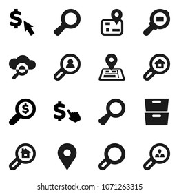 Flat vector icon set - archive vector, magnifier, money search, dollar cursor, navigator, map pin, cargo, cloud glass, estate, client