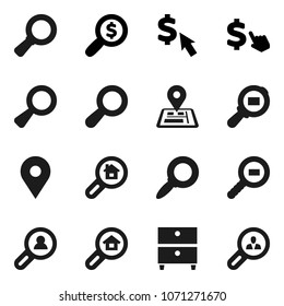 Flat vector icon set - archive vector, magnifier, money search, dollar cursor, navigator, map pin, cargo, estate, client