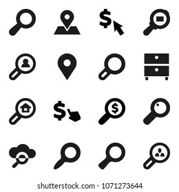 Flat vector icon set - archive vector, magnifier, money search, dollar cursor, map pin, cargo, cloud glass, estate, client