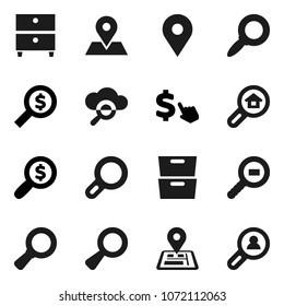 Flat vector icon set - archive vector, magnifier, money search, dollar cursor, navigator, map pin, cargo, cloud glass, estate, client