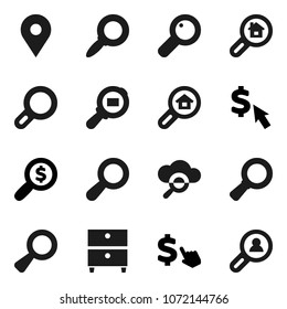 Flat vector icon set - archive vector, magnifier, money search, dollar cursor, map pin, cargo, cloud glass, estate, client