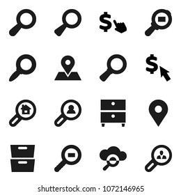 Flat vector icon set - archive vector, magnifier, dollar cursor, map pin, cargo search, cloud glass, estate, client