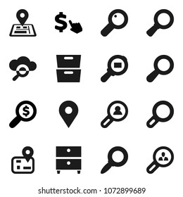 Flat vector icon set - archive vector, magnifier, money search, dollar cursor, navigator, map pin, cargo, cloud glass, client