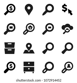 Flat vector icon set - archive vector, magnifier, money search, dollar cursor, map pin, cargo, cloud glass, estate, client