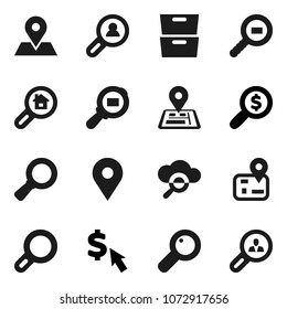 Flat vector icon set - archive vector, magnifier, money search, dollar cursor, navigator, map pin, cargo, cloud glass, estate, client