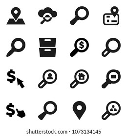 Flat vector icon set - archive vector, magnifier, money search, dollar cursor, navigator, map pin, cargo, cloud glass, estate, client