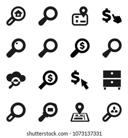 Flat vector icon set - archive vector, magnifier, money search, dollar cursor, navigator, cargo, cloud glass, estate, client