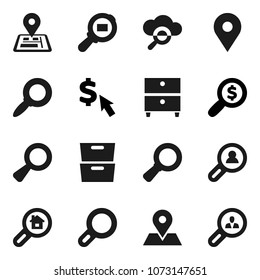 Flat vector icon set - archive vector, magnifier, money search, dollar cursor, navigator, map pin, cargo, cloud glass, estate, client