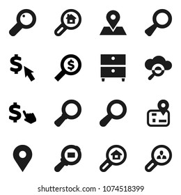 Flat vector icon set - archive vector, magnifier, money search, dollar cursor, navigator, map pin, cargo, cloud glass, estate, client