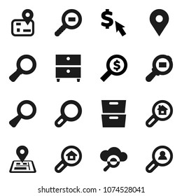 Flat vector icon set - archive vector, magnifier, money search, dollar cursor, navigator, map pin, cargo, cloud glass, estate, client