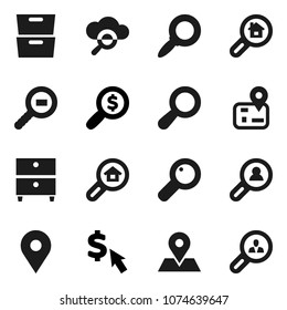 Flat vector icon set - archive vector, magnifier, money search, dollar cursor, navigator, map pin, cargo, cloud glass, estate, client