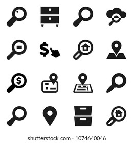 Flat vector icon set - archive vector, magnifier, money search, dollar cursor, navigator, map pin, cargo, cloud glass, estate