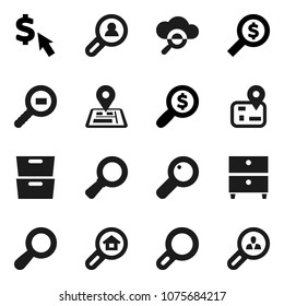 Flat vector icon set - archive vector, magnifier, money search, dollar cursor, navigator, cargo, cloud glass, estate, client