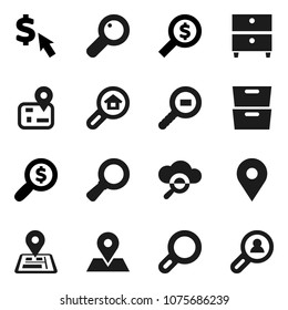 Flat vector icon set - archive vector, magnifier, money search, dollar cursor, navigator, map pin, cargo, cloud glass, estate, client