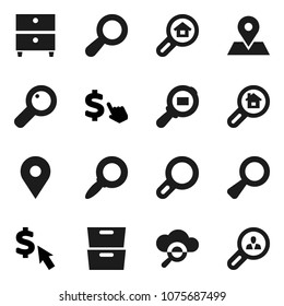 Flat vector icon set - archive vector, magnifier, dollar cursor, map pin, cargo search, cloud glass, estate, client