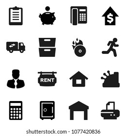 Flat vector icon set - archive vector, piggy bank, manager, dollar growth, calculator, safe, clipboard, run, warehouse, music hit, house, rent signboard, relocation truck, cashbox, phone, printer