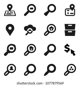 Flat vector icon set - archive vector, magnifier, dollar cursor, navigator, map pin, cargo search, cloud glass, estate, client