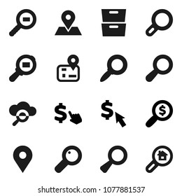 Flat vector icon set - archive vector, magnifier, money search, dollar cursor, navigator, map pin, cargo, cloud glass, estate