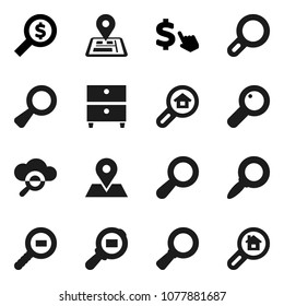 Flat vector icon set - archive vector, magnifier, money search, dollar cursor, navigator, map pin, cargo, cloud glass, estate