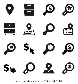Flat vector icon set - archive vector, money search, dollar cursor, navigator, map pin, cargo, magnifier, estate, client