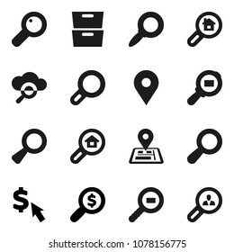 Flat vector icon set - archive vector, magnifier, money search, dollar cursor, navigator, map pin, cargo, cloud glass, estate, client