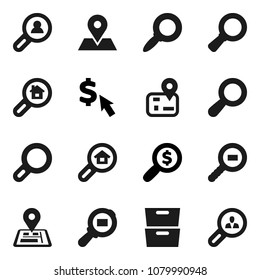 Flat vector icon set - archive vector, magnifier, money search, dollar cursor, navigator, map pin, cargo, estate, client