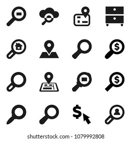 Flat vector icon set - archive vector, magnifier, money search, dollar cursor, navigator, map pin, cargo, cloud glass, estate, client