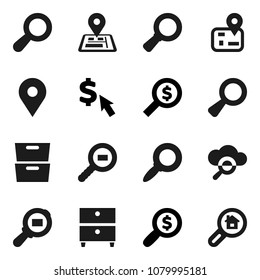 Flat vector icon set - archive vector, magnifier, money search, dollar cursor, navigator, map pin, cargo, cloud glass, estate