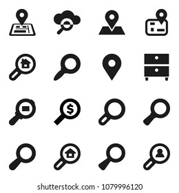 Flat vector icon set - archive vector, magnifier, money search, navigator, map pin, cargo, cloud glass, estate, client