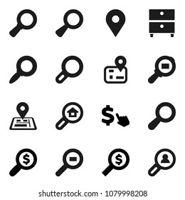 Flat vector icon set - archive vector, magnifier, money search, dollar cursor, navigator, map pin, cargo, estate, client