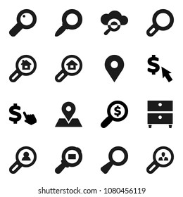 Flat vector icon set - archive vector, magnifier, money search, dollar cursor, map pin, cargo, cloud glass, estate, client