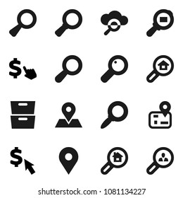 Flat vector icon set - archive vector, magnifier, dollar cursor, navigator, map pin, cargo search, cloud glass, estate, client