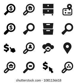 Flat vector icon set - archive vector, magnifier, money search, dollar cursor, navigator, map pin, cargo, cloud glass, estate, client