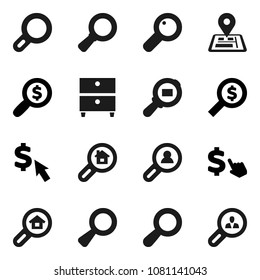Flat vector icon set - archive vector, magnifier, money search, dollar cursor, navigator, cargo, estate, client