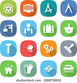 flat vector icon set - around gear vector, server, draw compass, drawing compasses, loading, workman, suitcase, ladle, hammer, wheelbarrow, gears, scraper, house cleaning, gloves, clothespin, brush