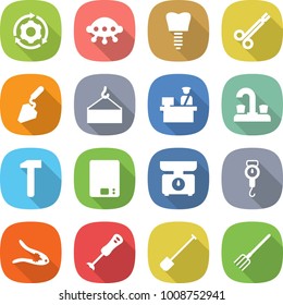 flat vector icon set - around gear vector, ufo, tooth implant, surgical clamp, construction, loading crane, customs control, water tap, hammer, kitchen scales, handle, walnut crack, blender, shovel
