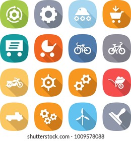 flat vector icon set - around gear vector, lunar rover, add to cart, delivery, baby stroller, bike, motorcycle, handwheel, gears, wheelbarrow, pickup, windmill, scraper